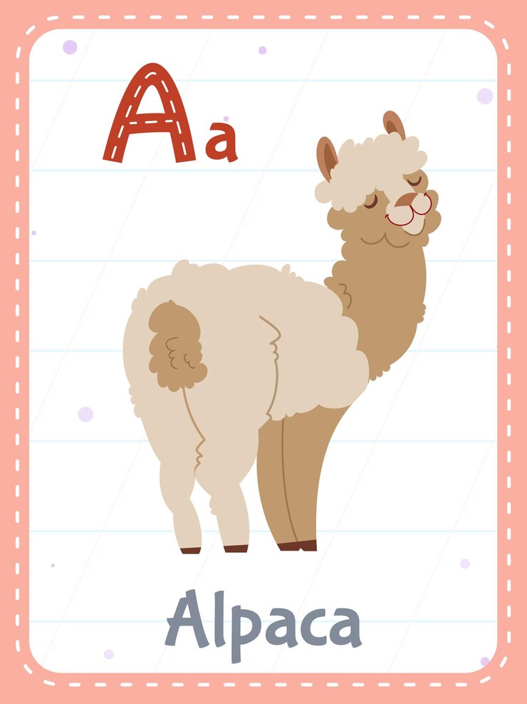 Free Vector alphabet printable flashcard with letter a and alpaca animal picture