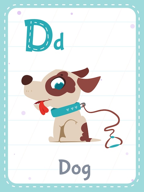 Vettore gratuito flashcard stampabile alfabetica con la lettera d e l'immagine del cane
