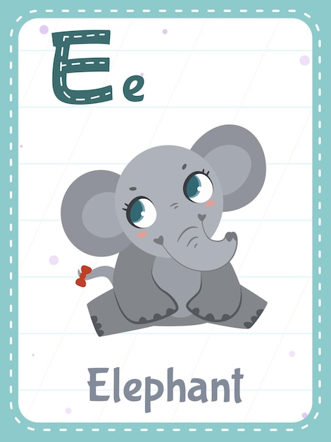 Alphabet printable flashcard with letter e and elephant animal picture