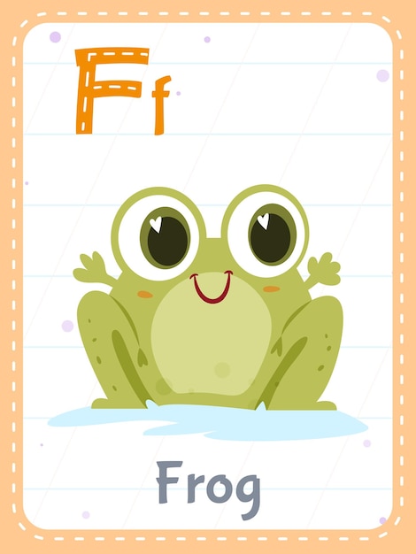 Free vector alphabet printable flashcard with letter f and frog animal picture