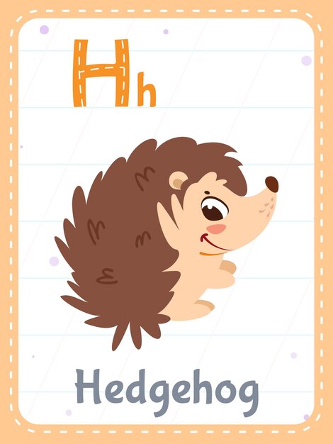 Alphabet printable flashcard with letter H and hedgehog animal