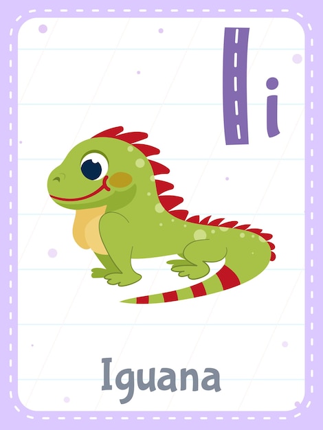 Free vector alphabet printable flashcard with letter i and iguana animal