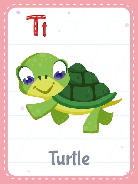 Free vector alphabet printable flashcard with letter t and turtle animal