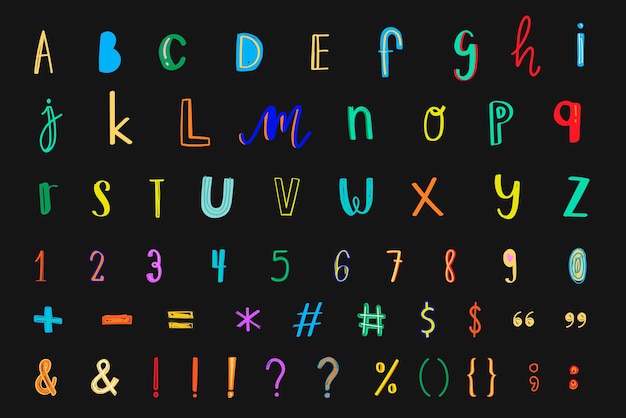 Free vector alphabet symbol doodle vector font style colorful set