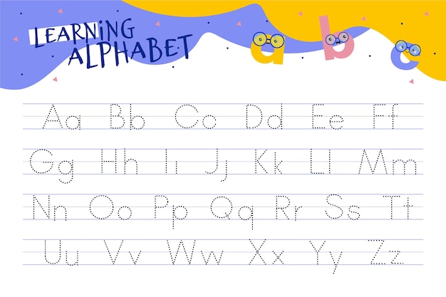 Alphabet tracing worksheet with illustrations