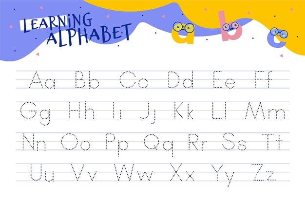 Alphabet tracing worksheet with illustrations