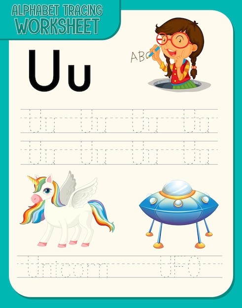 Бесплатное векторное изображение Рабочий лист трассировки алфавита с буквой u и u