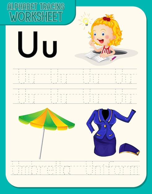 Vettore gratuito foglio di lavoro per l'analisi dell'alfabeto con la lettera u e u