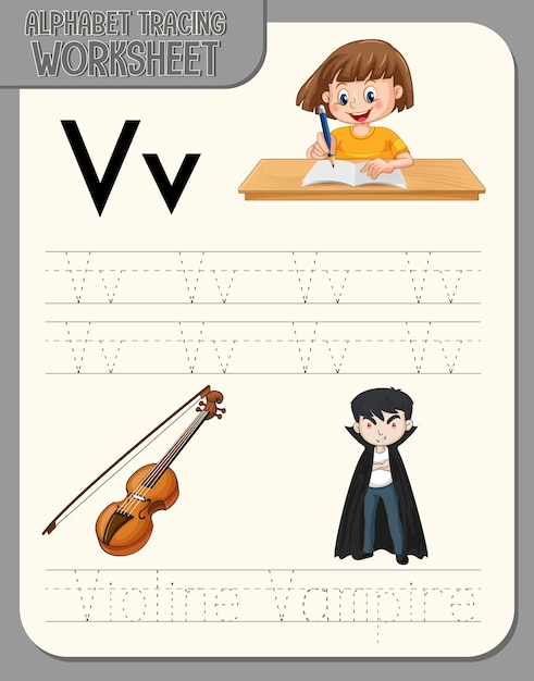Vettore gratuito foglio di lavoro per tracciare l'alfabeto con la lettera v e v