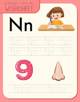 Alphabet tracing worksheet with letter and vocabulary