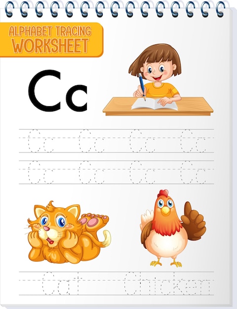 Free vector alphabet tracing worksheet with letter and vocabulary