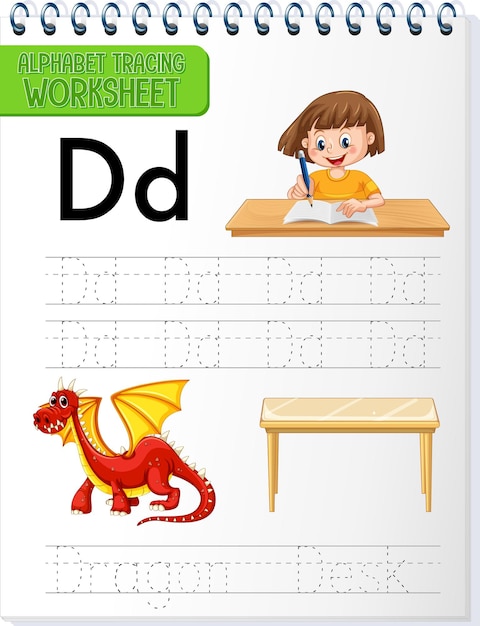 Free vector alphabet tracing worksheet with letter and vocabulary