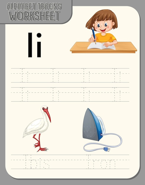 Free vector alphabet tracing worksheet with letter and vocabulary