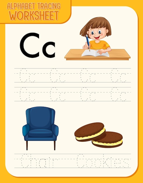 Free vector alphabet tracing worksheet with letter and vocabulary