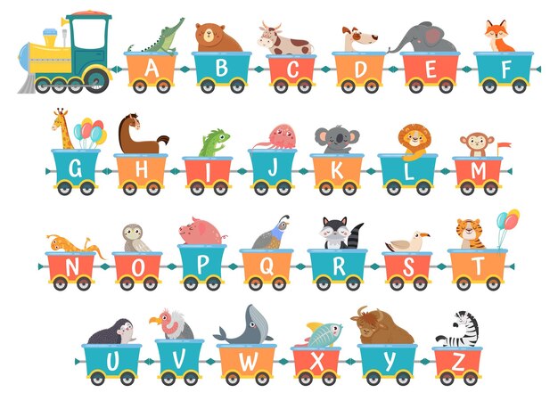 電車の中でかわいい動物 鉄道車で幸せな動物 小さなペットがおもちゃの機関車漫画のベクトルイラストセットに乗る プレミアムベクター