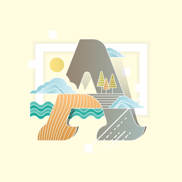 Free Vector alphabet vector illustration combined with landscape scenery in flat style