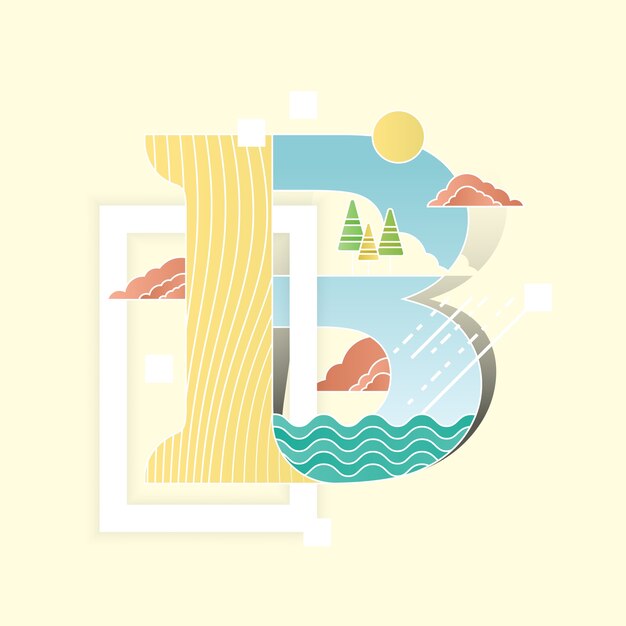 Alphabet vector illustration combined with landscape scenery in flat style