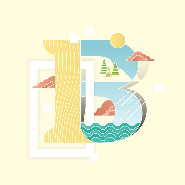 Alphabet vector illustration combined with landscape scenery in flat style