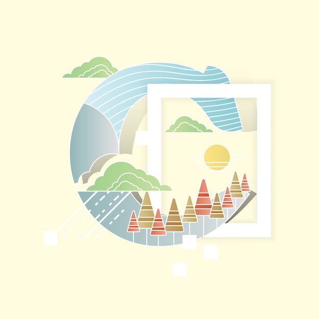 Alphabet vector illustration combined with landscape scenery in flat style