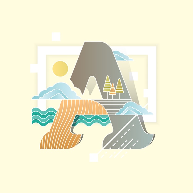 Alphabet vector illustration combined with landscape scenery in flat style