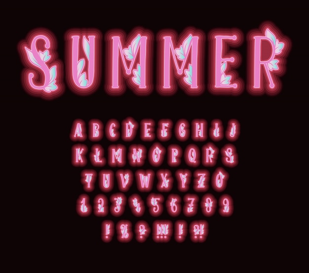 ピンクのネオン効果と装飾的な葉を持つアルファベット。フォントのタイポグラフィのコン文字と数字