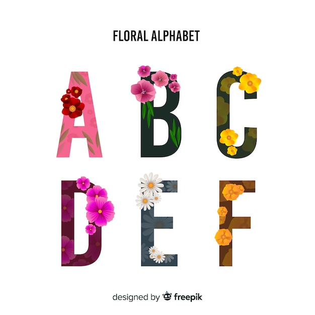 Vettore gratuito alfabeto con fiori realistici