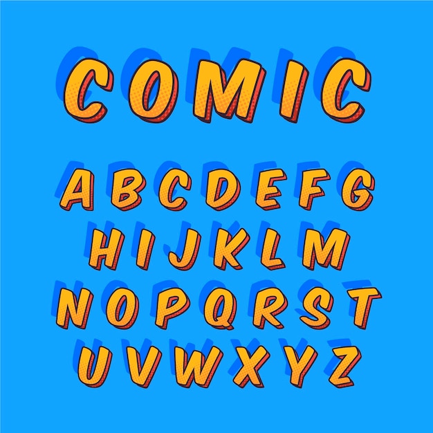 Free vector alphabet wording from a to z in 3d comic