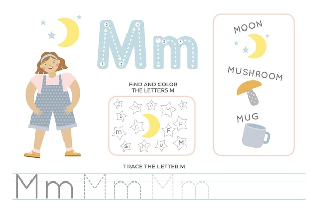 Free vector alphabetical worksheet with letter m