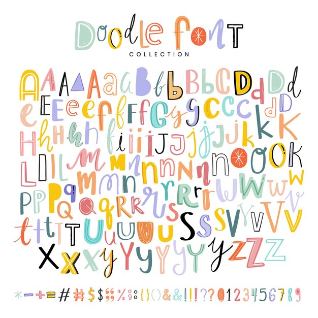 Alphabets, punctuations and numbers doodle fonts set