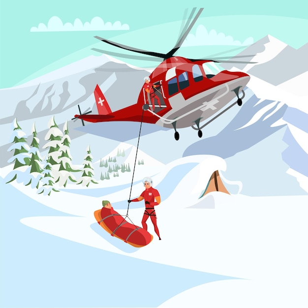 Alpine rescue service illustration. Brave mountain rescuers, avalanche victim aircraft transportation, life danger.