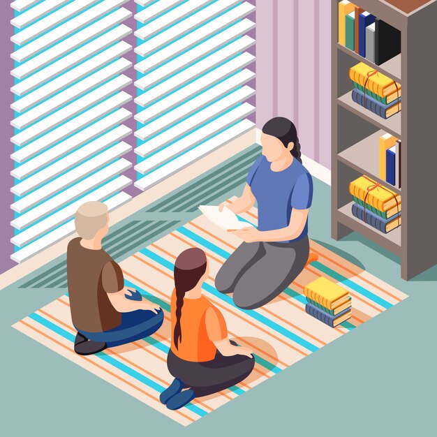 Альтернативное обучение изометрии с учителем и детьми, сидя на полу во время урока литературы