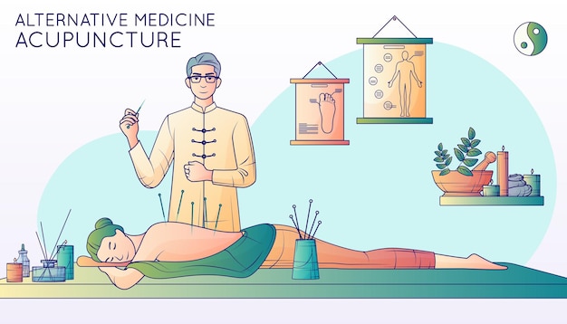 Alternative medicine flat line composition with text and view of patient and healing specialist inserting needles vector illustration