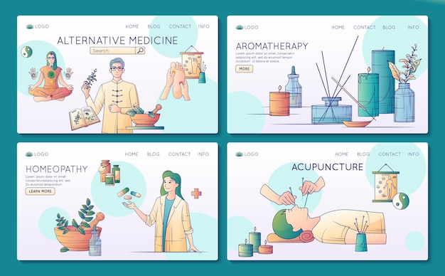 Free vector alternative medicine flat line set of four web site landing pages with images links and text vector illustration