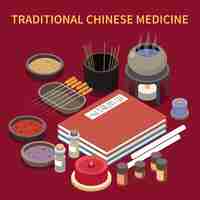 Free vector alternative medicine isometric composition with stack of chinese books with plates jars and vials acupuncture needles vector illustration