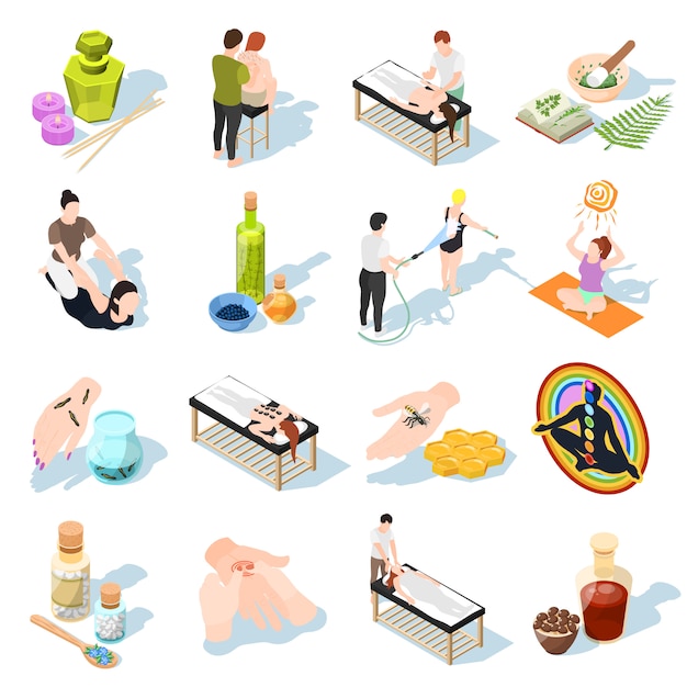 Бесплатное векторное изображение Альтернативная медицина изометрические иконы