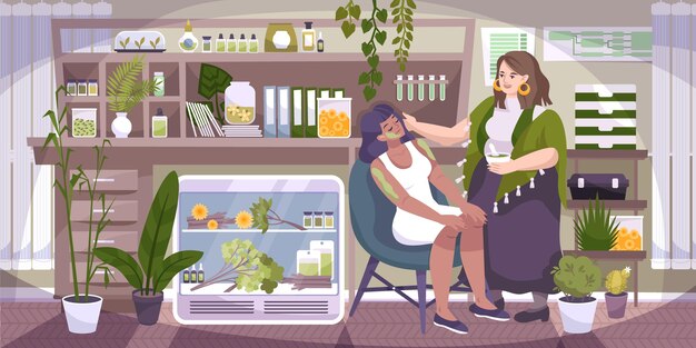 Alternative medicine studio interior flat composition with herbalist applying healing herbal extract on patients skin illustration