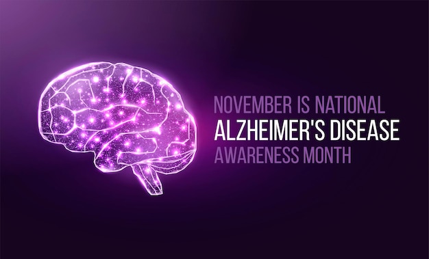 Концепция месяца осведомленности о болезни альцгеймера. шаблон баннера с фиолетовой лентой и текстом. векторная иллюстрация.