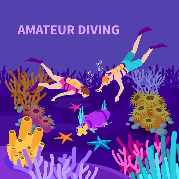 ダイバーと海のベッドのベクトル図でコインとアンフォラのアマチュアダイビング等尺性組成物