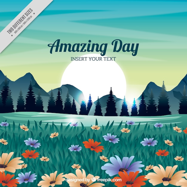 Free vector amazing landscape background with flowers and pines