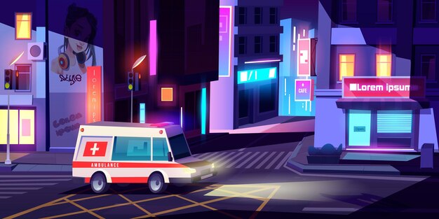 Ambulance in night city medic car with signaling riding empty metropolis street with buildings glowing neon signboards