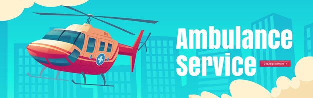 Ambulance service cartoon web banner medical helicopter flying in sky on urban cityscape background ...