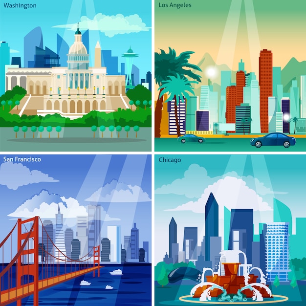 Vettore gratuito set di carte american cityscapes