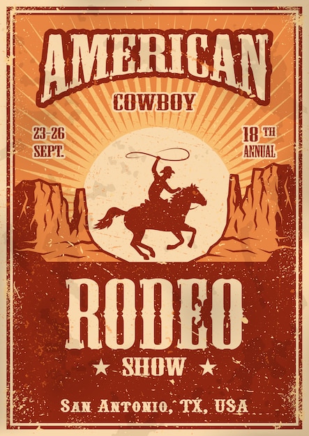 Vettore gratuito poster di rodeo cowboy americano con tipografia e texture di carta vintage