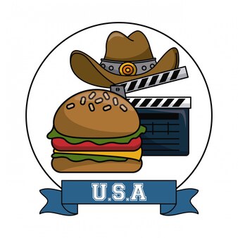 カウボーイの帽子とハンバーガーベクトルイラストグラフィックデザインとアメリカのエンターテインメントのclapboard プレミアムベクター カウボーイの帽子とハンバーガーベクトルイラストグラフィックデザインとアメリカのエンターテインメントのclapboard プレミアムベクター
