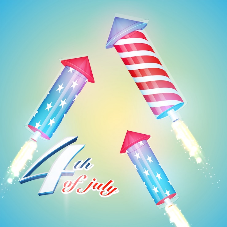 Free Vector  american flag colors exploded rockets on shiny background for 4th of july, independence day celebration. 