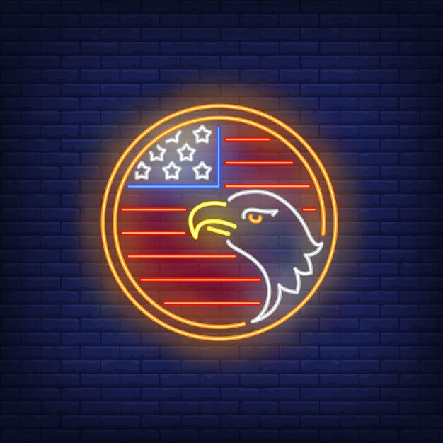 American flag and eagle in circle neon sign. USA symbol, history.