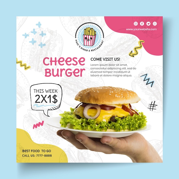 Бесплатное векторное изображение Шаблон квадратного флаера американской еды чизбургер