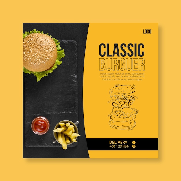 Бесплатное векторное изображение Шаблон флаера американской еды с фото гамбургера