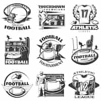 Free vector american football black white emblems with player trophy foam hand sports clothing and equipment isolated