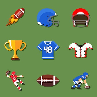 Elementi di football americano impostati in stile piatto